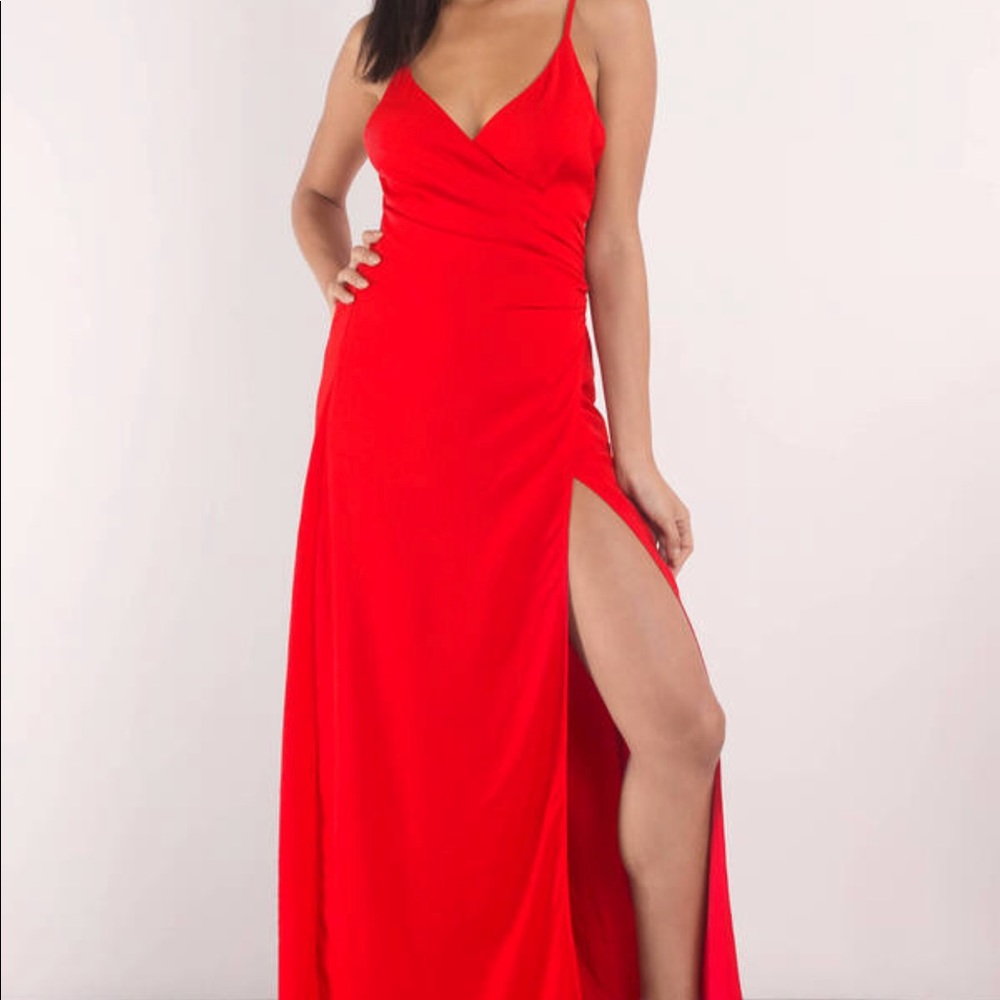Red satin slit dress